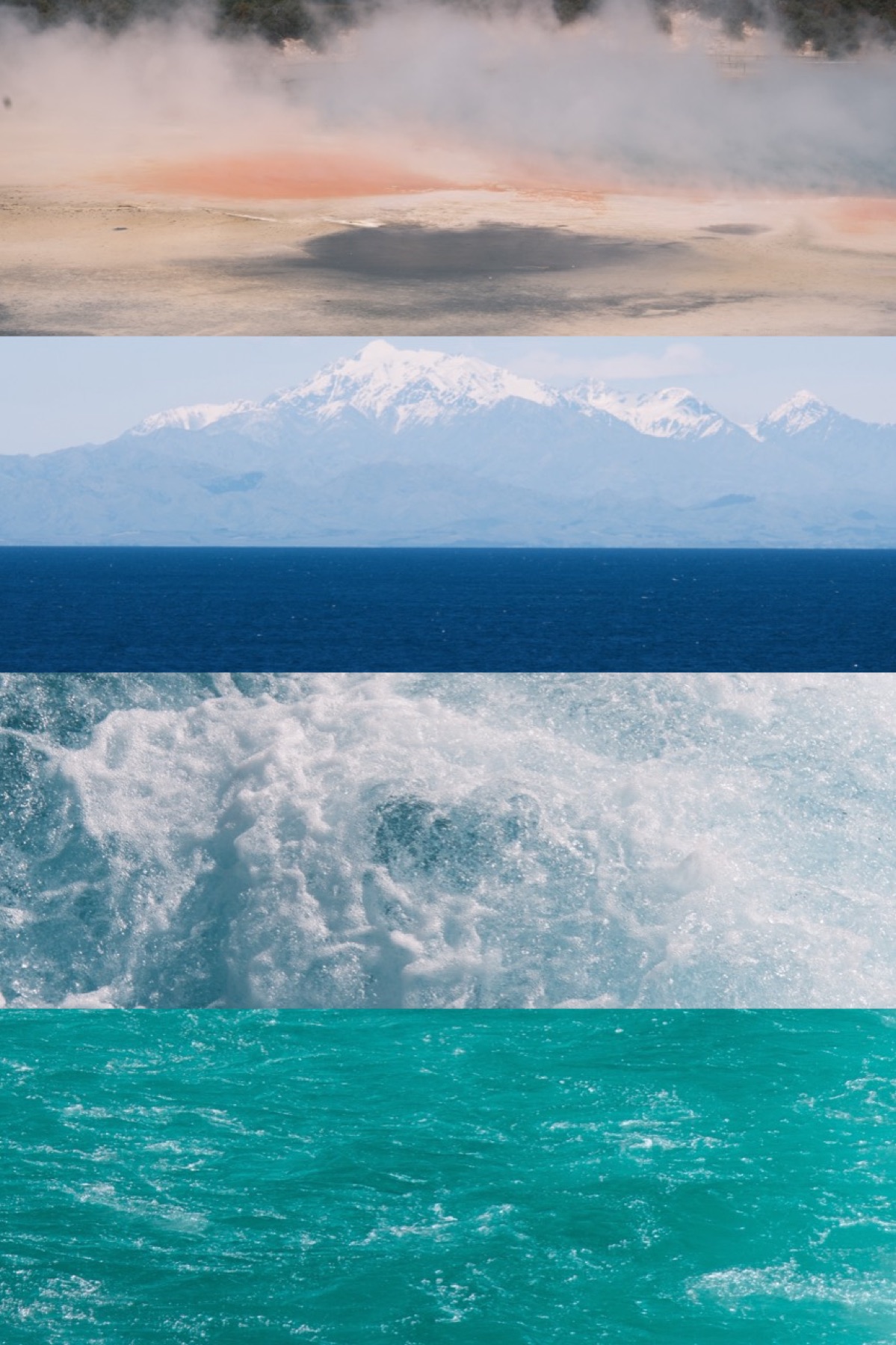 Four-part landscape study of geothermal water, alpine lake, boat wake and turquoise sea