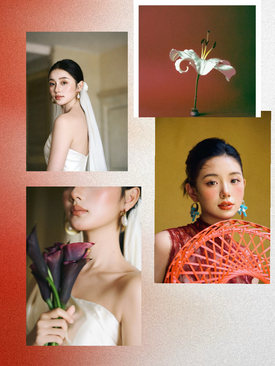 Editorial collage of bridal portraits, a white lily and a red fan