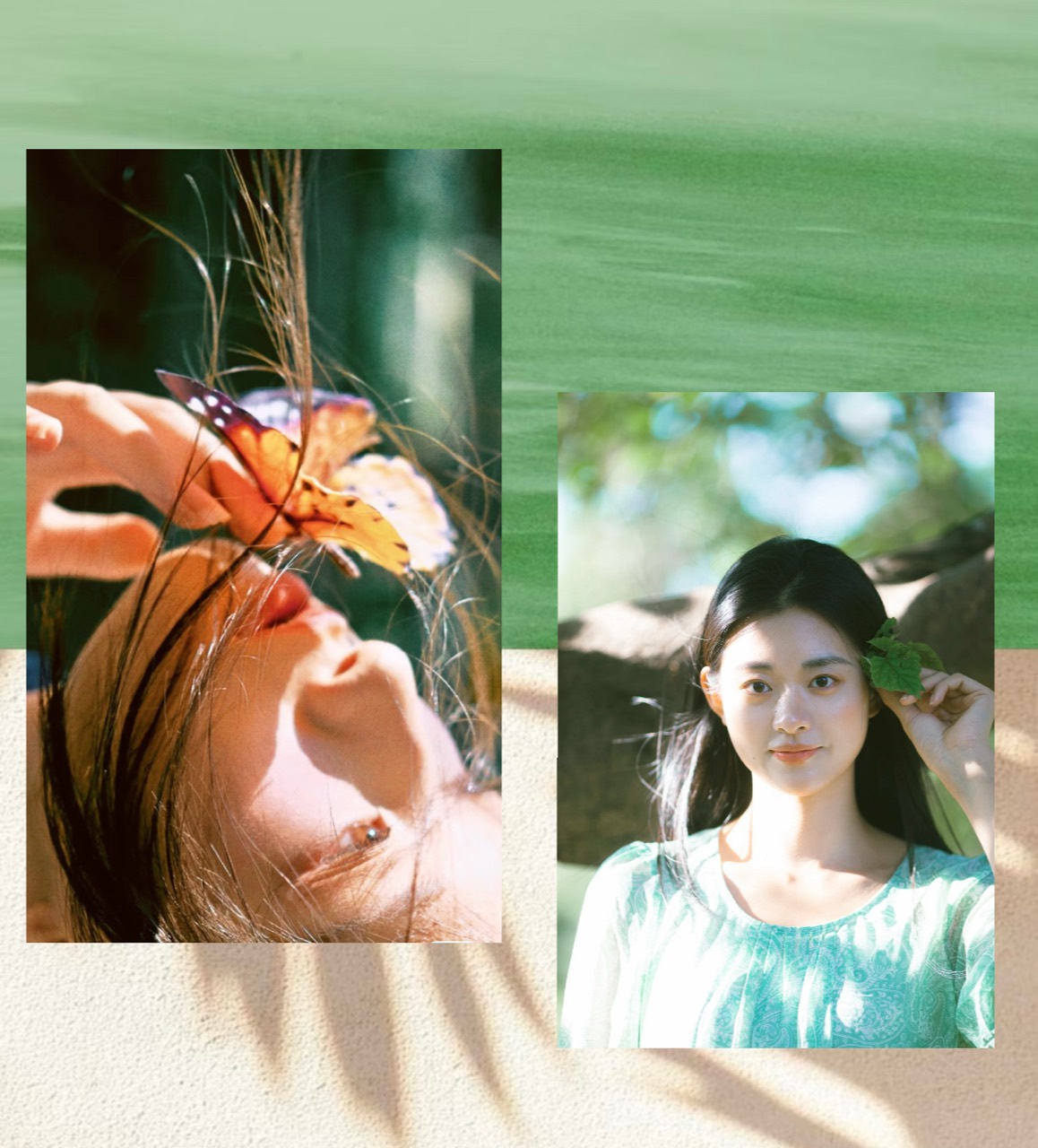 Green editorial collage with two sunlit portraits